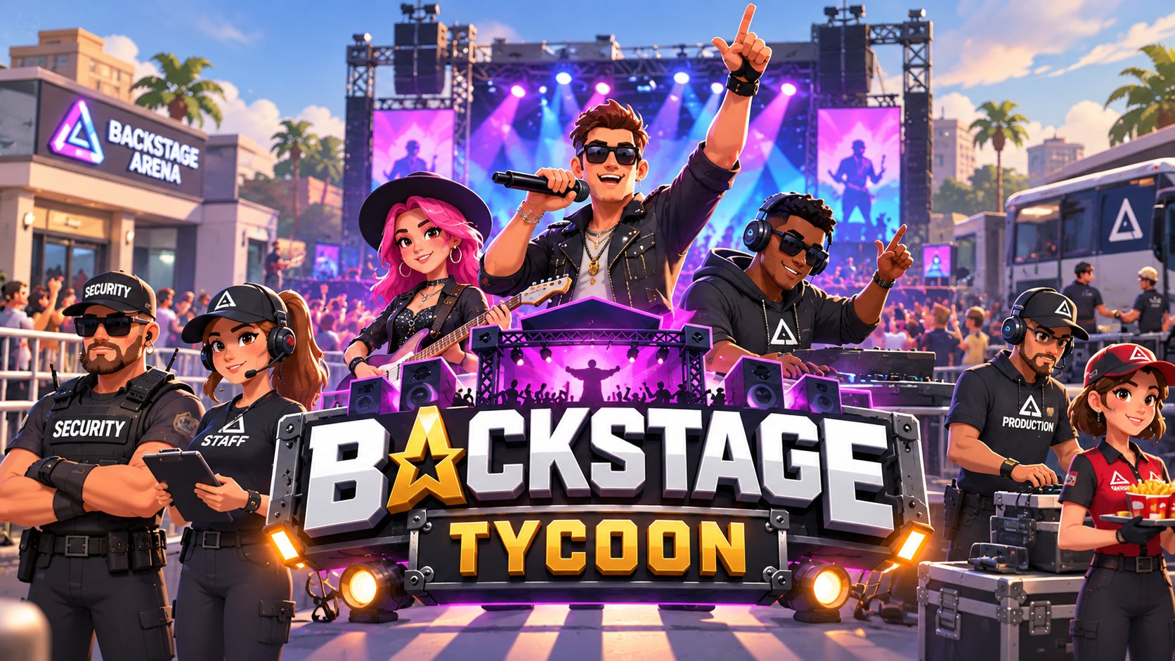 The Backstage Tycoon crew in front of the arena stage